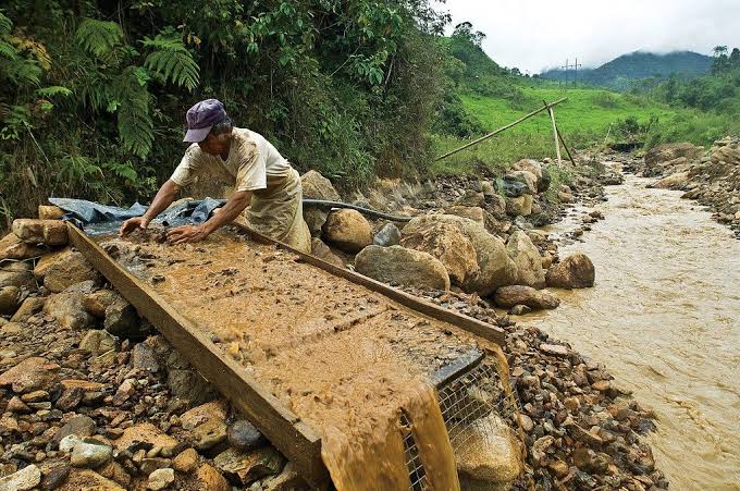 A miner screening sediment beside a stream